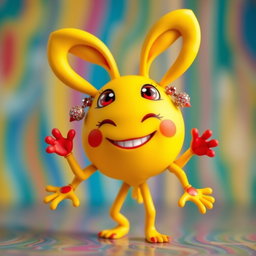 A whimsical creature with a bright yellow body that has no legs, instead using its yellow arms to move around