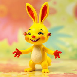 A whimsical creature with a bright yellow body that has no legs, instead using its yellow arms to move around