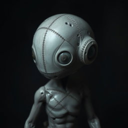 A unique creature with a distinct halved dome-shaped head in shades of grey, reflecting a robotic yet organic aesthetic