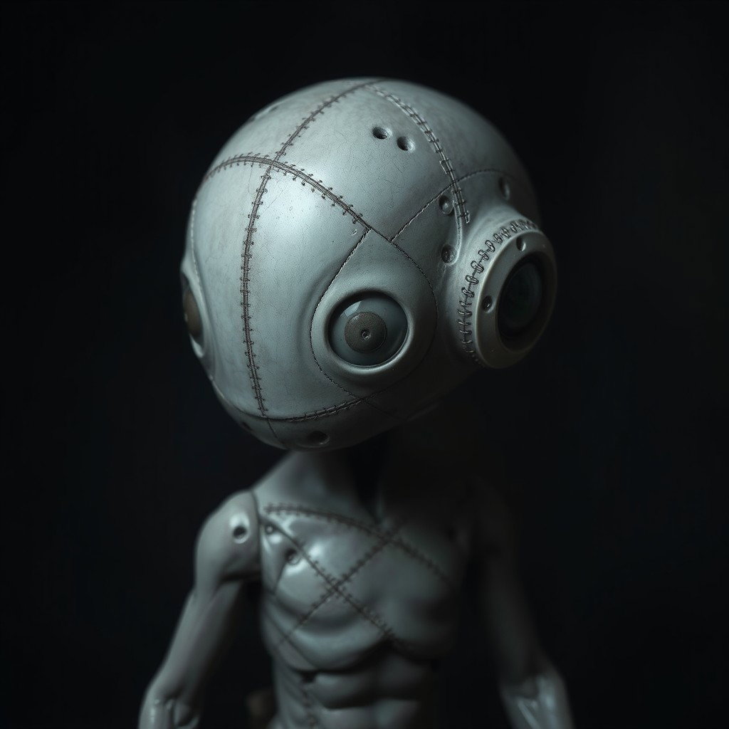 A unique creature with a distinct halved dome-shaped head in shades of grey, reflecting a robotic yet organic aesthetic