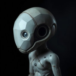 A unique creature with a distinct halved dome-shaped head in shades of grey, reflecting a robotic yet organic aesthetic