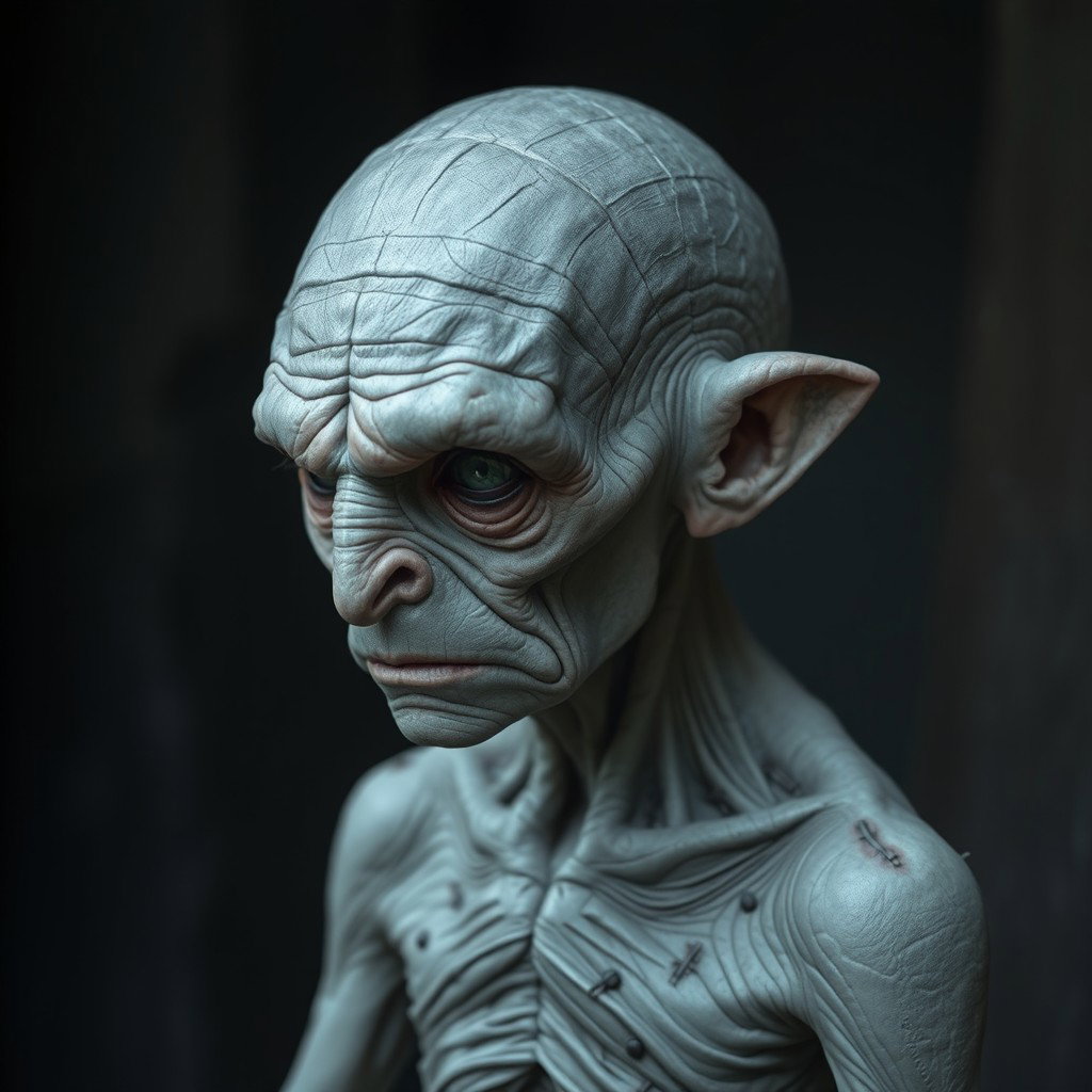 An intriguing creature characterized by a grey, halved dome-shaped head, reflecting its aged and weathered appearance
