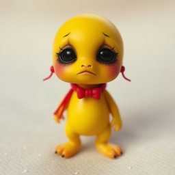 A tiny creature with a bright yellow body, exuding a sense of vulnerability and sadness