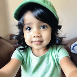 A grainy, phone-quality selfie of a charming toddler girl with radiant black hair and olive skin, wearing a cap styled neatly on her head and a fresh mint-colored t-shirt.