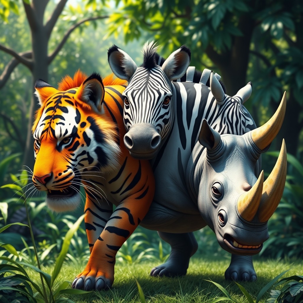 A fantastical creature featuring a three-headed hybrid that combines the fierce features of a tiger, the striking black-and-white stripes of a zebra, and the robust build of a rhinoceros