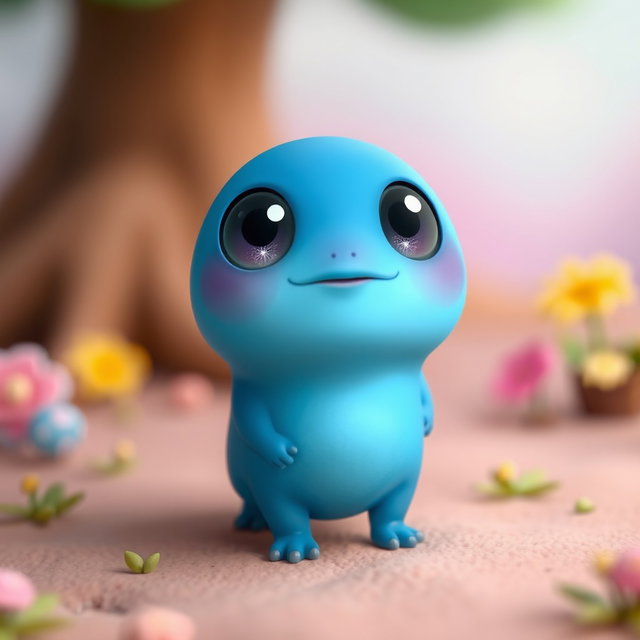 A tiny creature with a smooth, vibrant blue body that is regular in shape and form, giving it a relatable and charming appearance