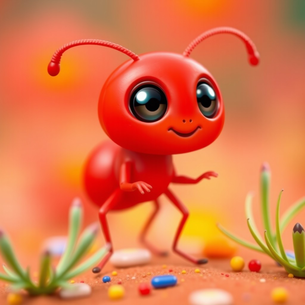 A tiny creature with a vibrant red body that has a regular, smooth shape, distinctly not resembling an ant or any insect