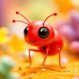 A tiny creature with a vibrant red body that has a regular, smooth shape, distinctly not resembling an ant or any insect