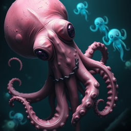 A creepy pink octopus with an elongated and slightly distorted body, enhancing its unsettling appearance