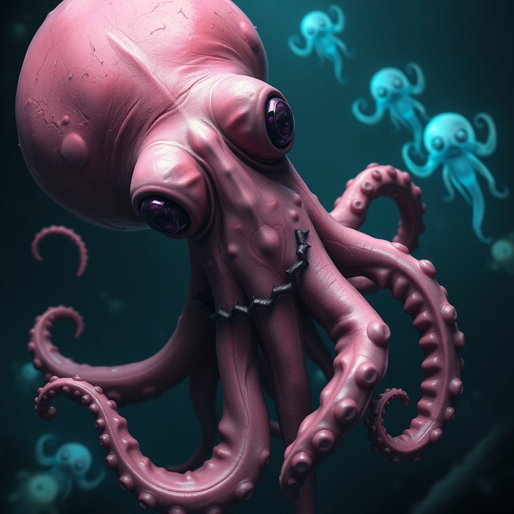 A creepy pink octopus with an elongated and slightly distorted body, enhancing its unsettling appearance