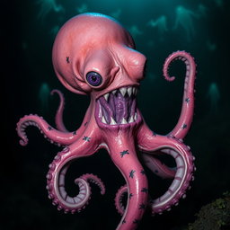 A creepy pink octopus with an elongated and slightly distorted body, enhancing its unsettling appearance
