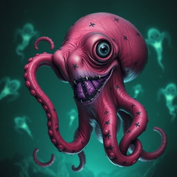 A creepy pink octopus with an elongated and slightly distorted body, enhancing its unsettling appearance