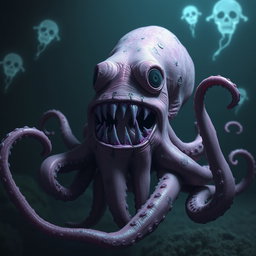 A creepy pink octopus with an elongated and slightly distorted body, enhancing its unsettling appearance