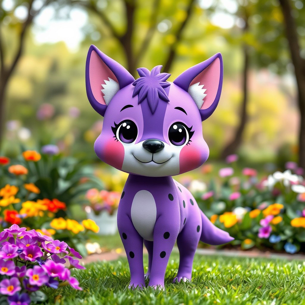 A whimsical purple dog character that combines features of both a dog and a wolf, sporting adorable dog ears and prominent wolf ears atop its head