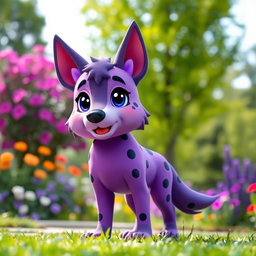 A whimsical purple dog character that combines features of both a dog and a wolf, sporting adorable dog ears and prominent wolf ears atop its head