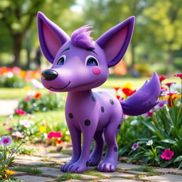A whimsical purple dog character that combines features of both a dog and a wolf, sporting adorable dog ears and prominent wolf ears atop its head