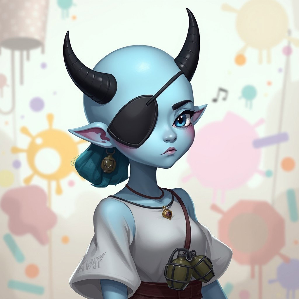 A fantastical light blue girl character with a smooth, hairless head and a single arm