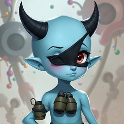 A fantastical light blue girl character with a smooth, hairless head and a single arm