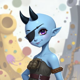 A fantastical light blue girl character with a smooth, hairless head and a single arm