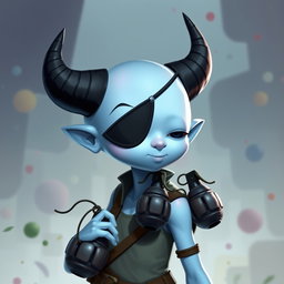 A fantastical light blue girl character with a smooth, hairless head and a single arm