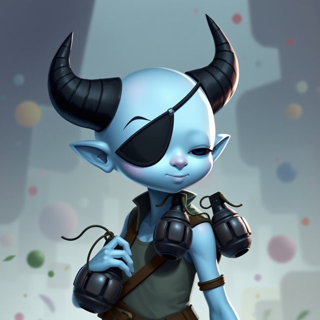 A fantastical light blue girl character with a smooth, hairless head and a single arm