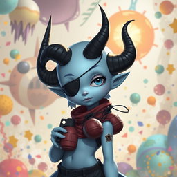 A fantastical light blue girl character with a unique V-shaped head, featuring a smooth, hairless surface