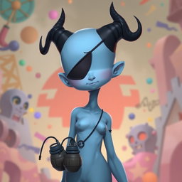 A fantastical light blue girl character with a unique V-shaped head, featuring a smooth, hairless surface