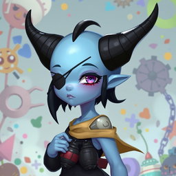 A fantastical light blue girl character with a unique V-shaped head, featuring a smooth, hairless surface