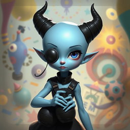 A fantastical light blue girl character with a unique V-shaped head, featuring a smooth, hairless surface