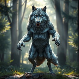A majestic grey wolf standing upright on two legs, showcasing its muscular build and fierce expression