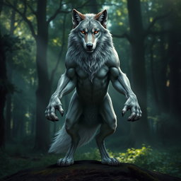 A majestic grey wolf standing upright on two legs, showcasing its muscular build and fierce expression