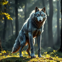 A majestic grey wolf standing upright on two legs, showcasing its muscular build and fierce expression