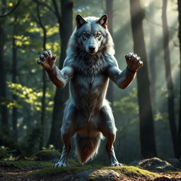 A majestic grey wolf standing upright on two legs, showcasing its muscular build and fierce expression