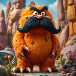 A tall and imposing orange monster with a bushy black mustache, exuding a playful yet slightly intimidating presence