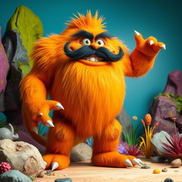 A tall and imposing orange monster with a bushy black mustache, exuding a playful yet slightly intimidating presence