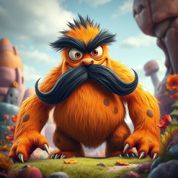 A tall and imposing orange monster with a bushy black mustache, exuding a playful yet slightly intimidating presence