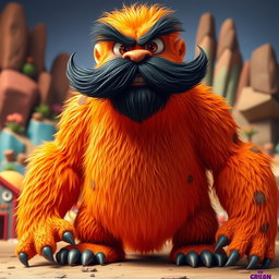 A tall and imposing orange monster with a bushy black mustache, exuding a playful yet slightly intimidating presence