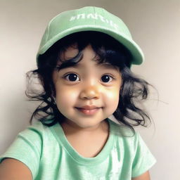 A grainy, phone-quality selfie of a charming toddler girl with radiant black hair and olive skin, wearing a cap styled neatly on her head and a fresh mint-colored t-shirt.