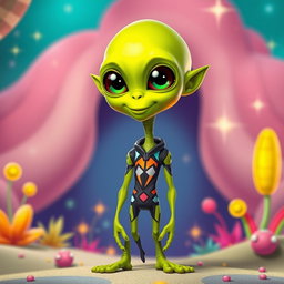 A tall and cute adult alien that closely resembles a human, with vibrant lime green skin and large, expressive eyes that shine with curiosity and warmth