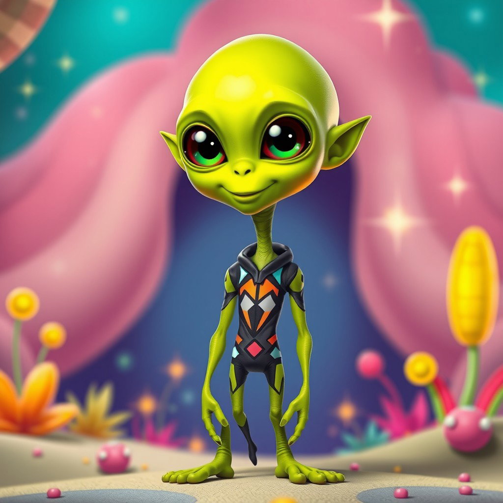 A tall and cute adult alien that closely resembles a human, with vibrant lime green skin and large, expressive eyes that shine with curiosity and warmth