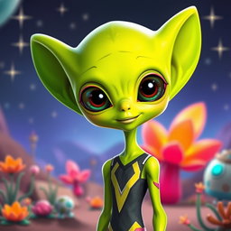 A tall and cute adult alien that closely resembles a human, with vibrant lime green skin and large, expressive eyes that shine with curiosity and warmth
