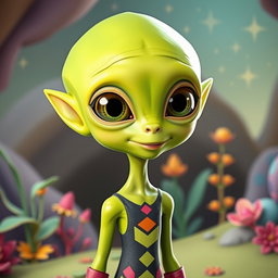 A tall and cute adult alien that closely resembles a human, with vibrant lime green skin and large, expressive eyes that shine with curiosity and warmth