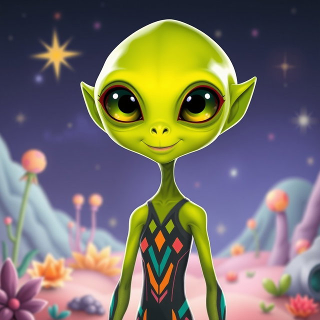 A tall and cute adult alien that closely resembles a human, with vibrant lime green skin and large, expressive eyes that shine with curiosity and warmth