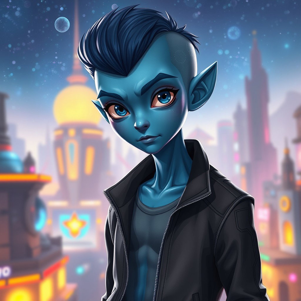 A tall adult alien boy that closely resembles a human, featuring smooth blue skin and striking, expressive eyes that showcase intelligence and curiosity