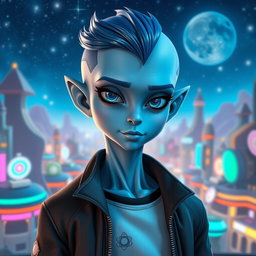 A tall adult alien boy that closely resembles a human, featuring smooth blue skin and striking, expressive eyes that showcase intelligence and curiosity