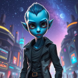 A tall adult alien boy that closely resembles a human, featuring smooth blue skin and striking, expressive eyes that showcase intelligence and curiosity