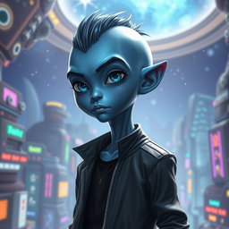 A tall adult alien boy that closely resembles a human, featuring smooth blue skin and striking, expressive eyes that showcase intelligence and curiosity