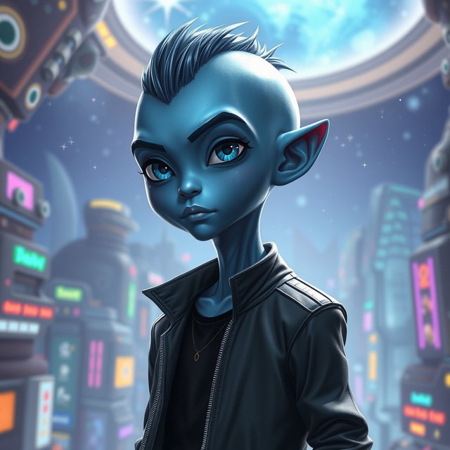A tall adult alien boy that closely resembles a human, featuring smooth blue skin and striking, expressive eyes that showcase intelligence and curiosity