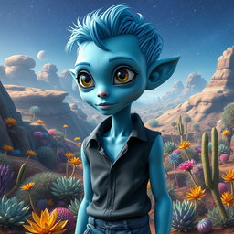 A tall boy alien resembling a human, with smooth blue skin and bright, captivating eyes that reflect a sense of wonder