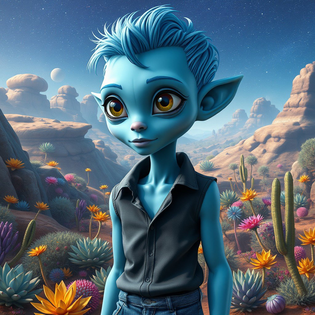 A tall boy alien resembling a human, with smooth blue skin and bright, captivating eyes that reflect a sense of wonder
